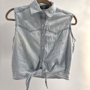 Vtg Y2k Bonjour Top Denim Western Shirt M Cropped Tie Front Dirty Dancing